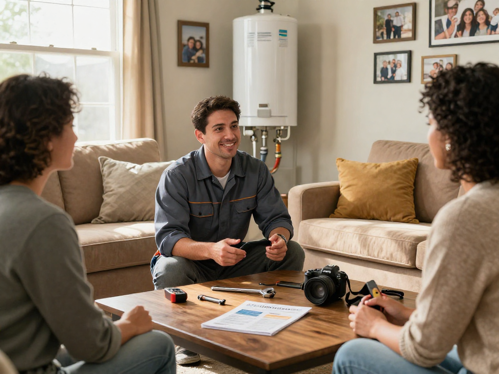 Professional plumber discussing water heater replacement Fort Worth in a cozy living room, highlighting trust and service.