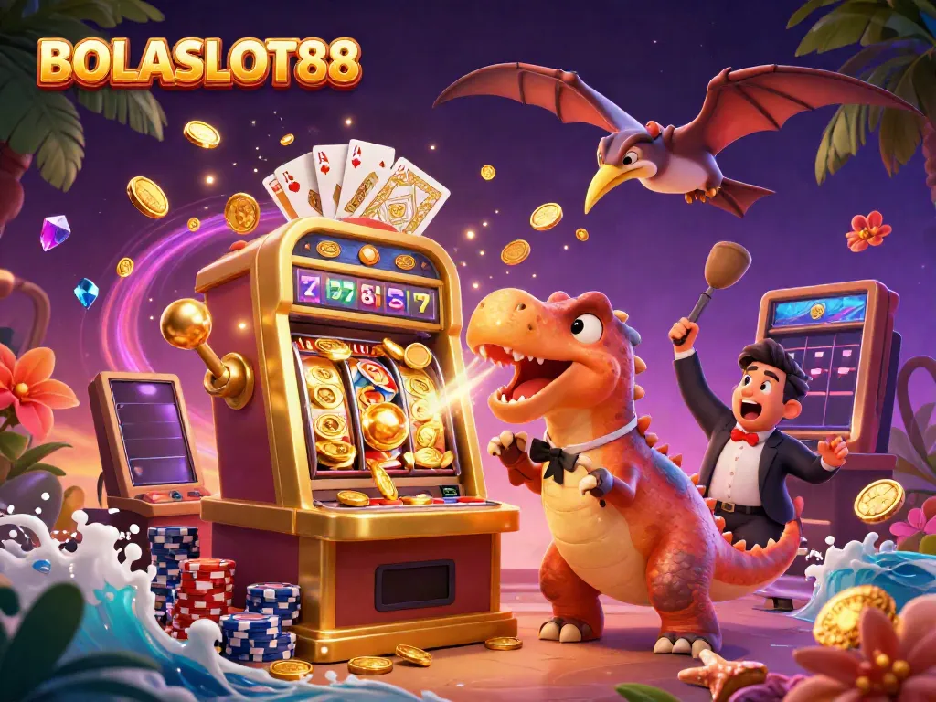 BOLASLOT88 celebrates jackpot wins with a dinosaur theme in a dynamic casino scene.