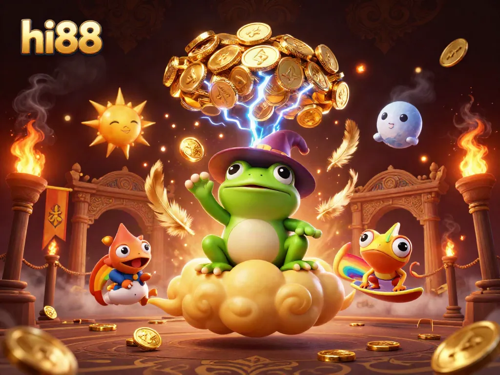 Experience exciting gameplay with hi88 as a cartoon wizard frog conjures golden winnings amidst vibrant casino elements.