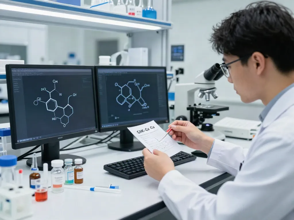 Scientist analyzing GHK-Cu copper peptide samples in a research lab.