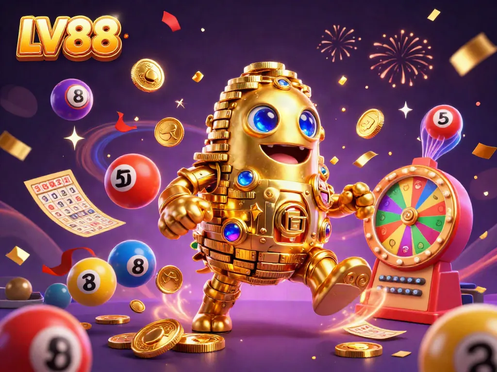 Experience the colorful energy of LV88 with a dynamic casino scene featuring a golden golem amidst a vibrant celebration.