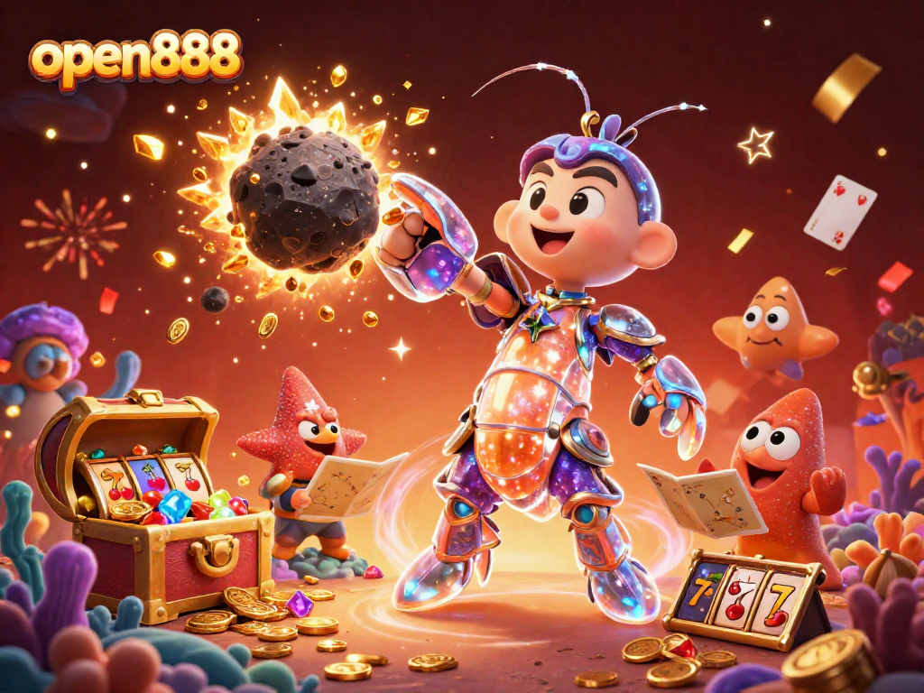 Experience the excitement of open888 with a vibrant 3D illustration of galactic samurai and slot elements.