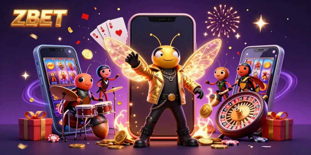 ZBET showcases an epic scene of gaming excitement with a cicada rock star and dynamic casino elements.
