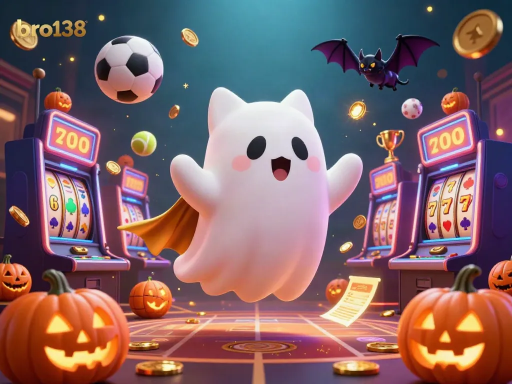 Engage with bro138 in a vibrant casino scene filled with friendly ghosts, lively slot machines, and glowing symbols.