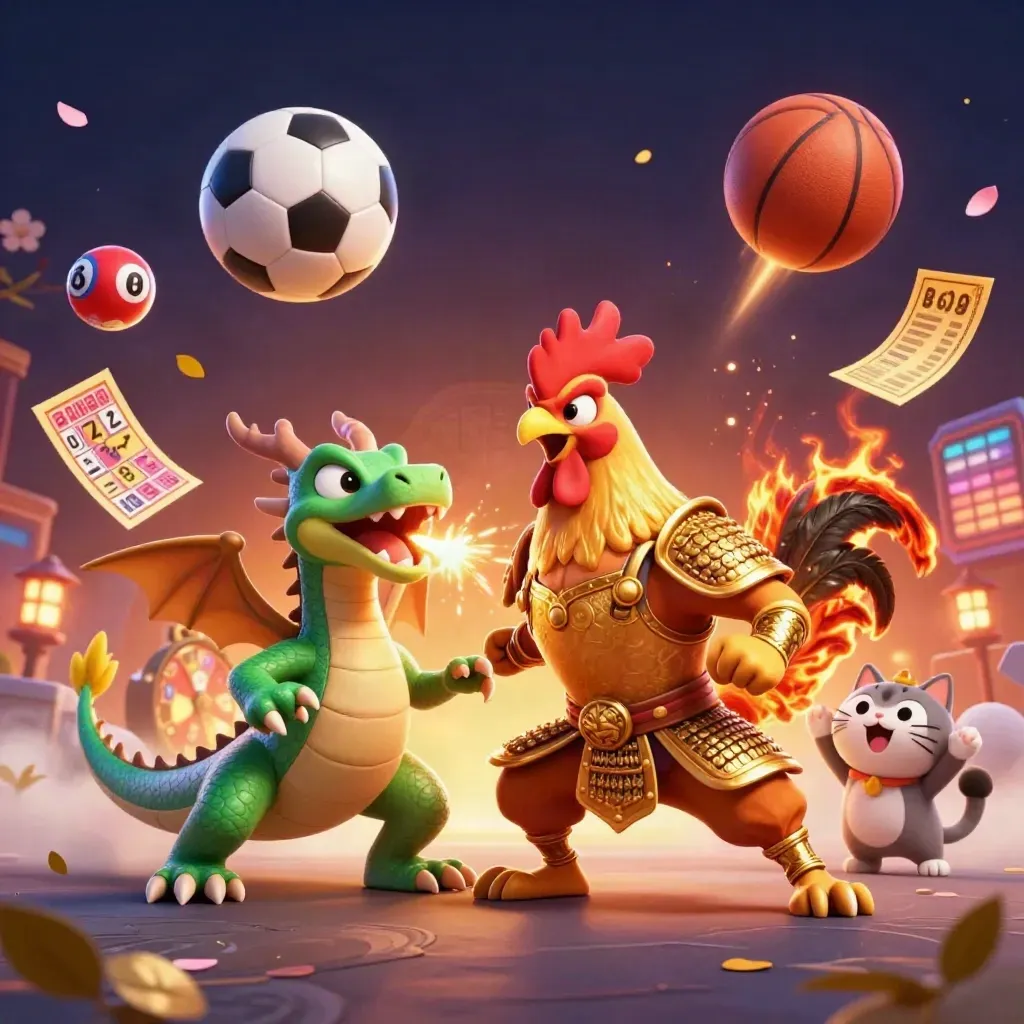 Rooster warrior, dragon hatchling, and fortune cat amid flying balls, sparks, and casino glow.