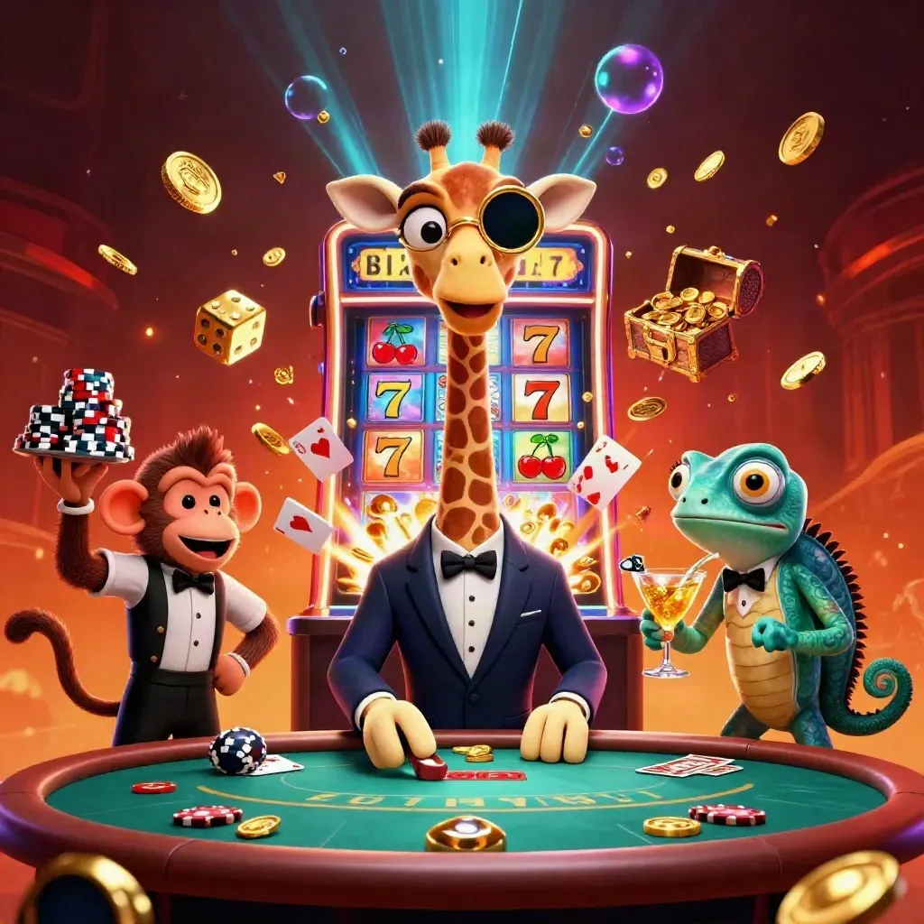Giraffe, monkey, and chameleon at a glowing casino table amid gold, dice, and slot-machine burst