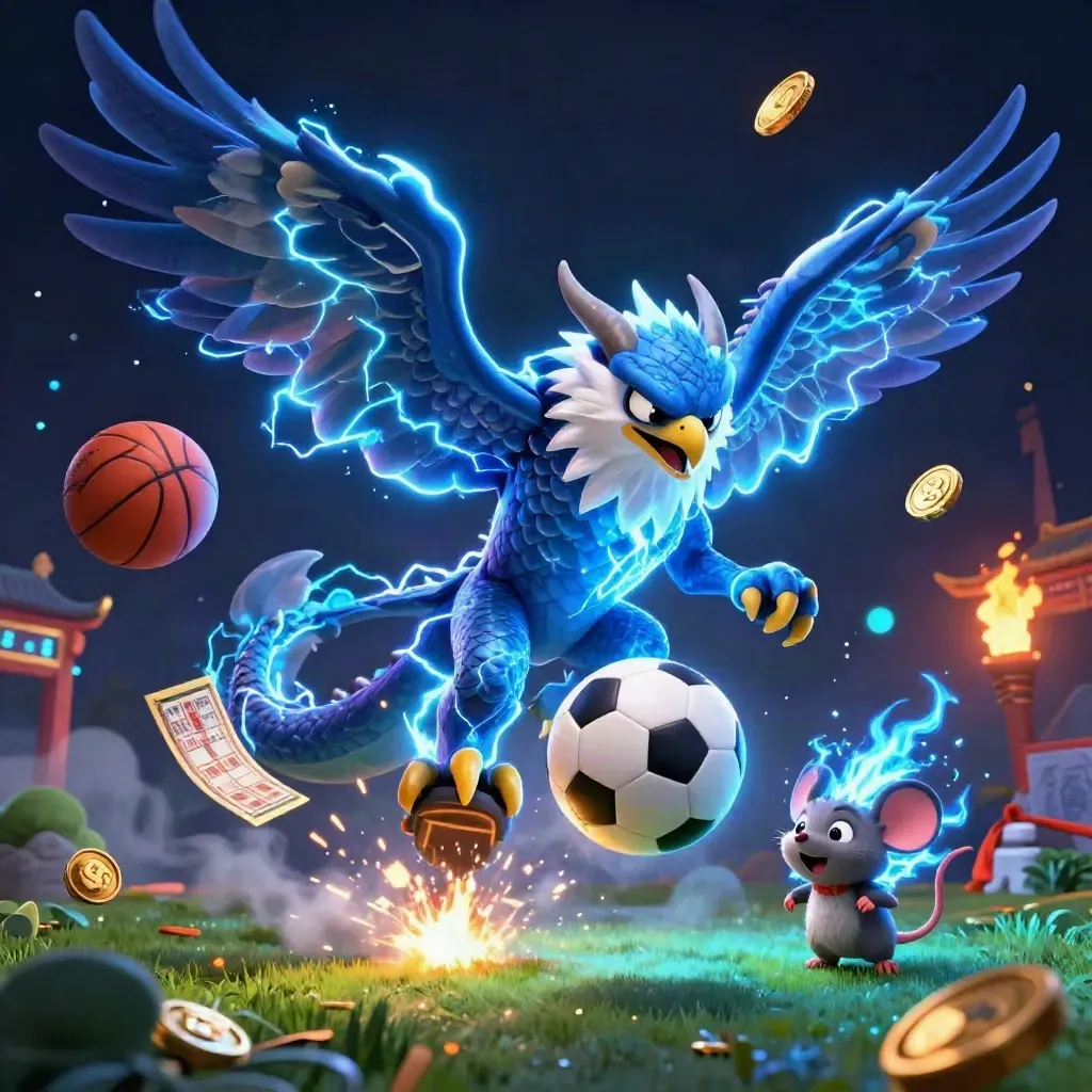 Thunder dragon, hawk, and mouse around a frozen soccer ball with casino-style lighting