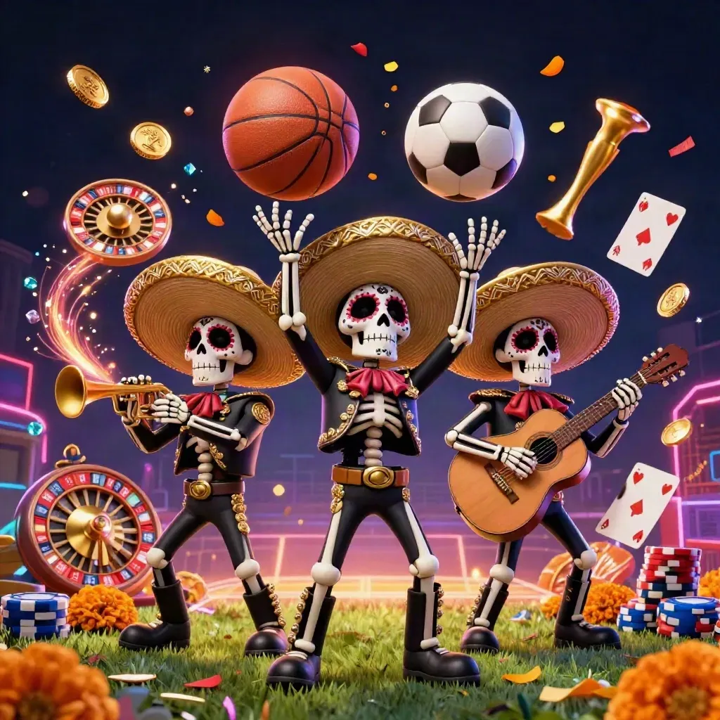 Skeleton mariachi trio amid coins, roulette wheel, cards, chips, and balls in a neon casino burst.