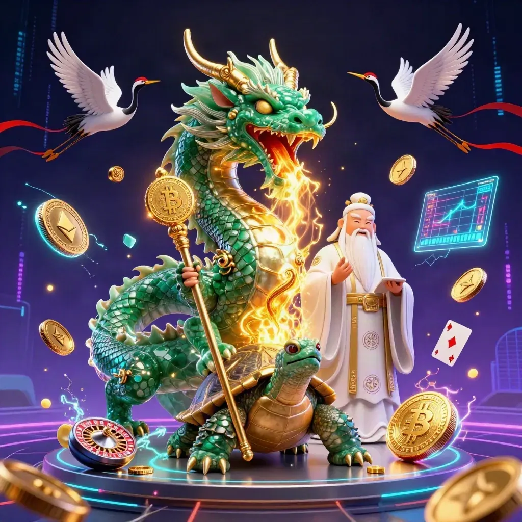 Emerald dragon, turtle sage, and cranes amid gold fire, crypto coins, and casino energy