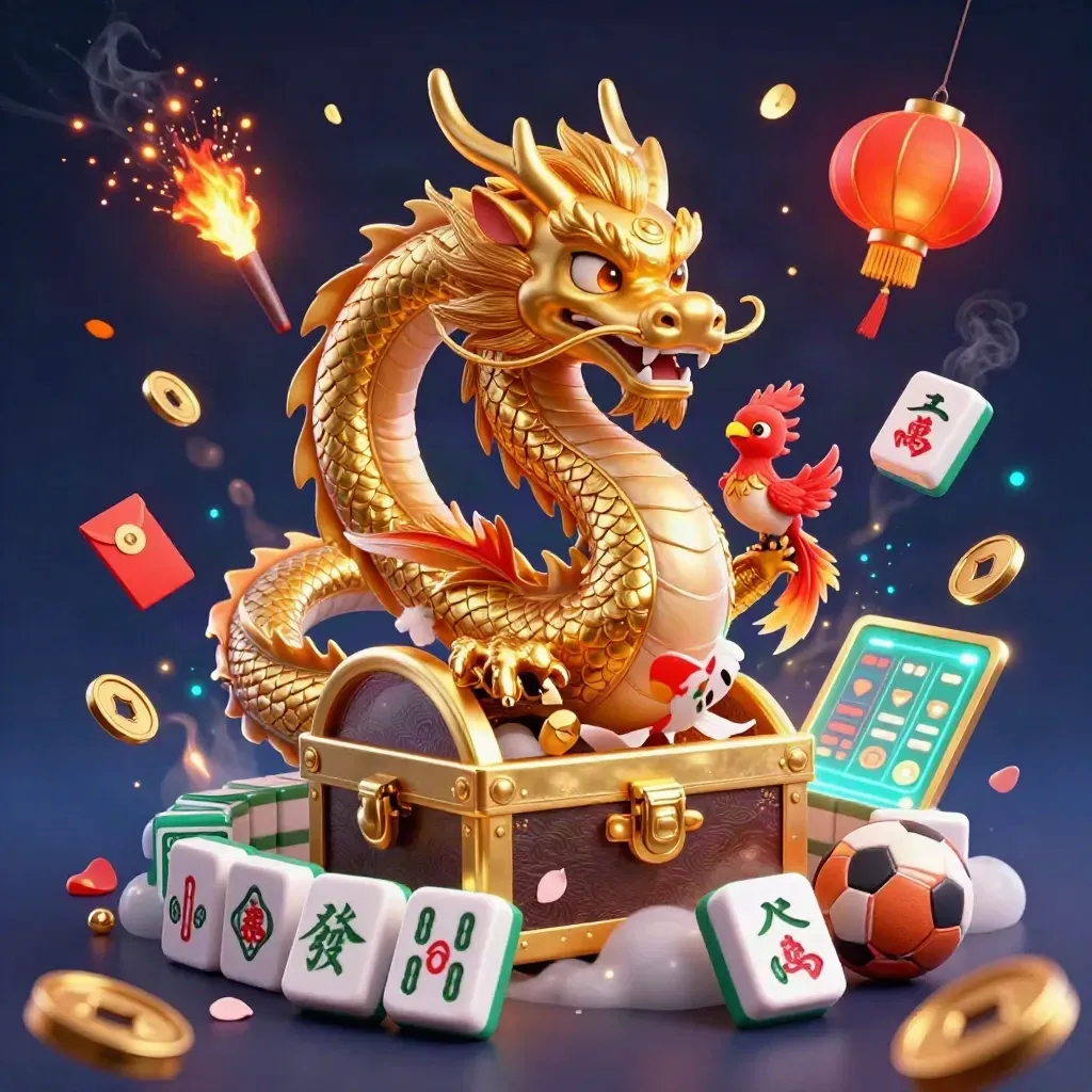 Golden dragon, phoenix and koi amid mahjong tiles, lanterns, coins and fireworks on navy.