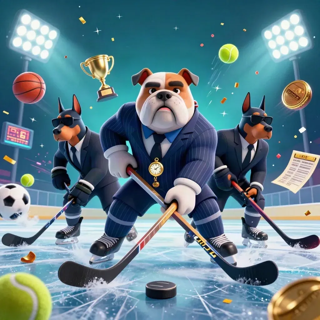 Cartoon bulldog boss and Dobermans amid flying balls, coins, trophy, and neon stadium light.