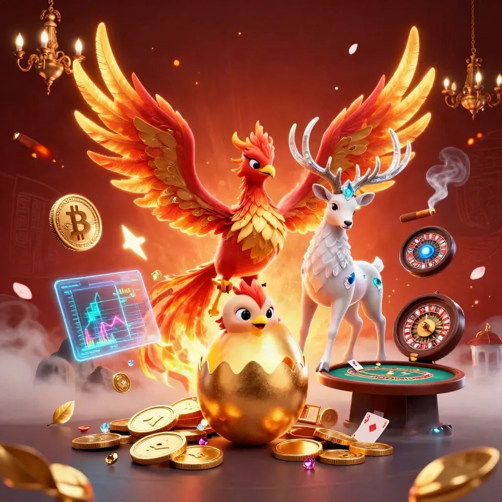 Fire phoenixes, stag, glowing coins, and casino effects in a luxury crimson-gold room