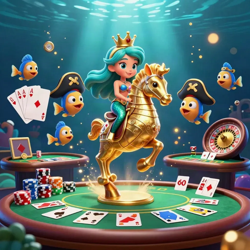 Mermaid princess on golden seahorse in underwater casino scene with chips, cards, and glowing lights.
