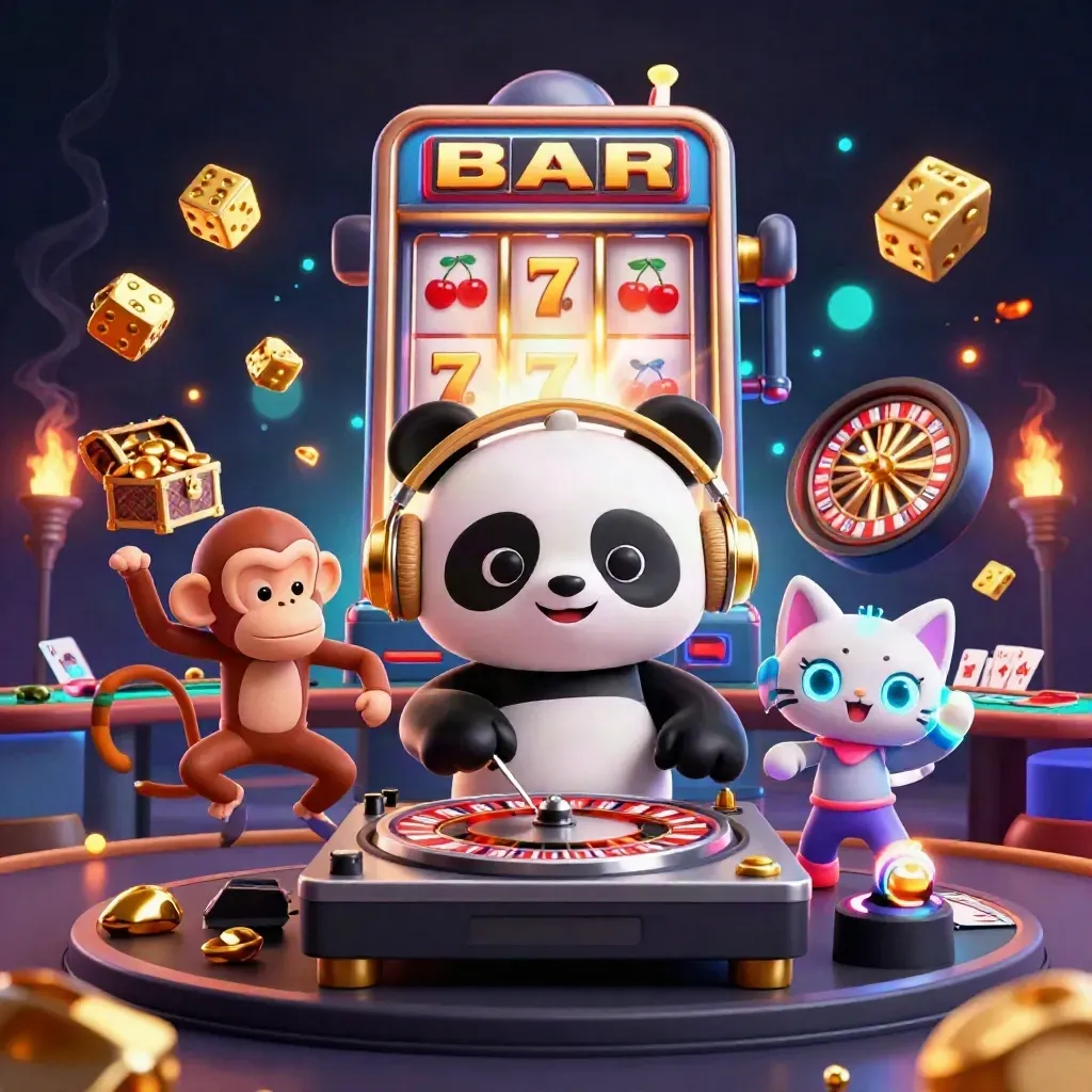 Cartoon panda DJ, dancing monkey, and glow-stick kitten amid casino jackpots and glowing lights.