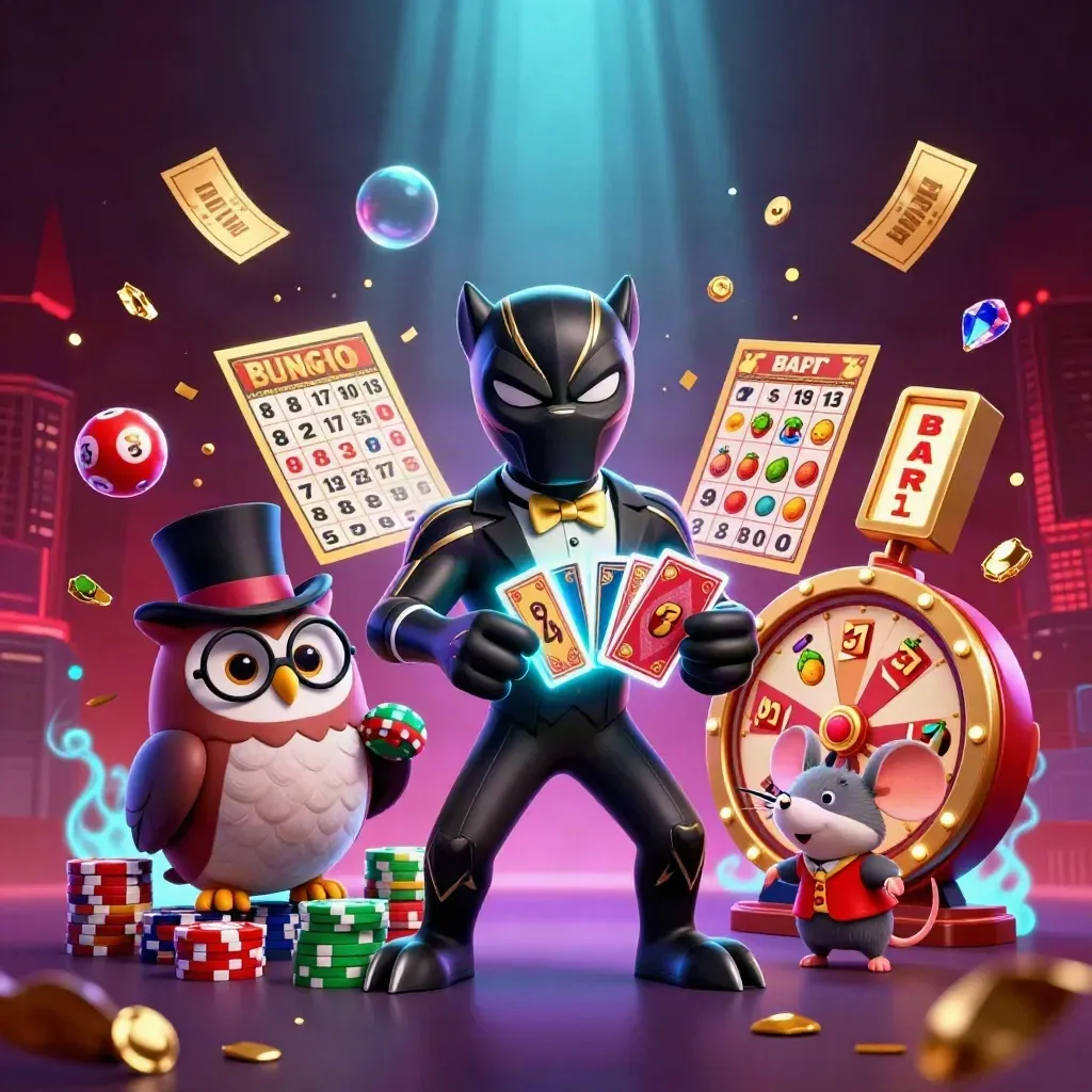 Panther, owl, and mouse amid casino chips, balls, wheel, and glowing treasure in a dark neon scene