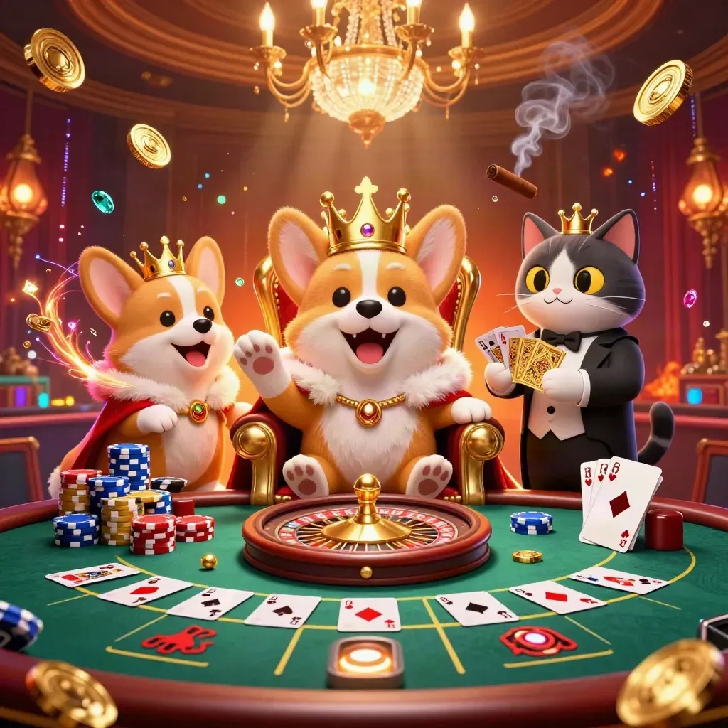 Royal corgi and cat butler in a glowing casino room with chips, coins, and cards
