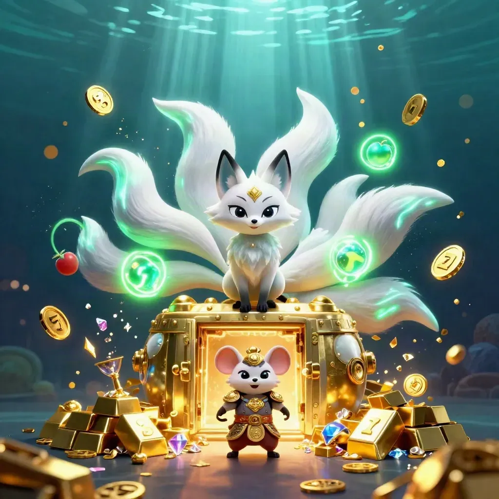 Nine-tailed fox spirit and armored samurai mouse burst from an open golden vault underwater.
