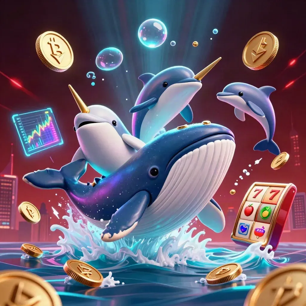 Whale captain, narwhal, and dolphins burst through coins with neon crypto casino effects.