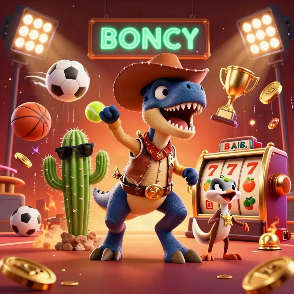 Cowboy T-Rex, cactus and roadrunner burst through casino-style game effects and coins
