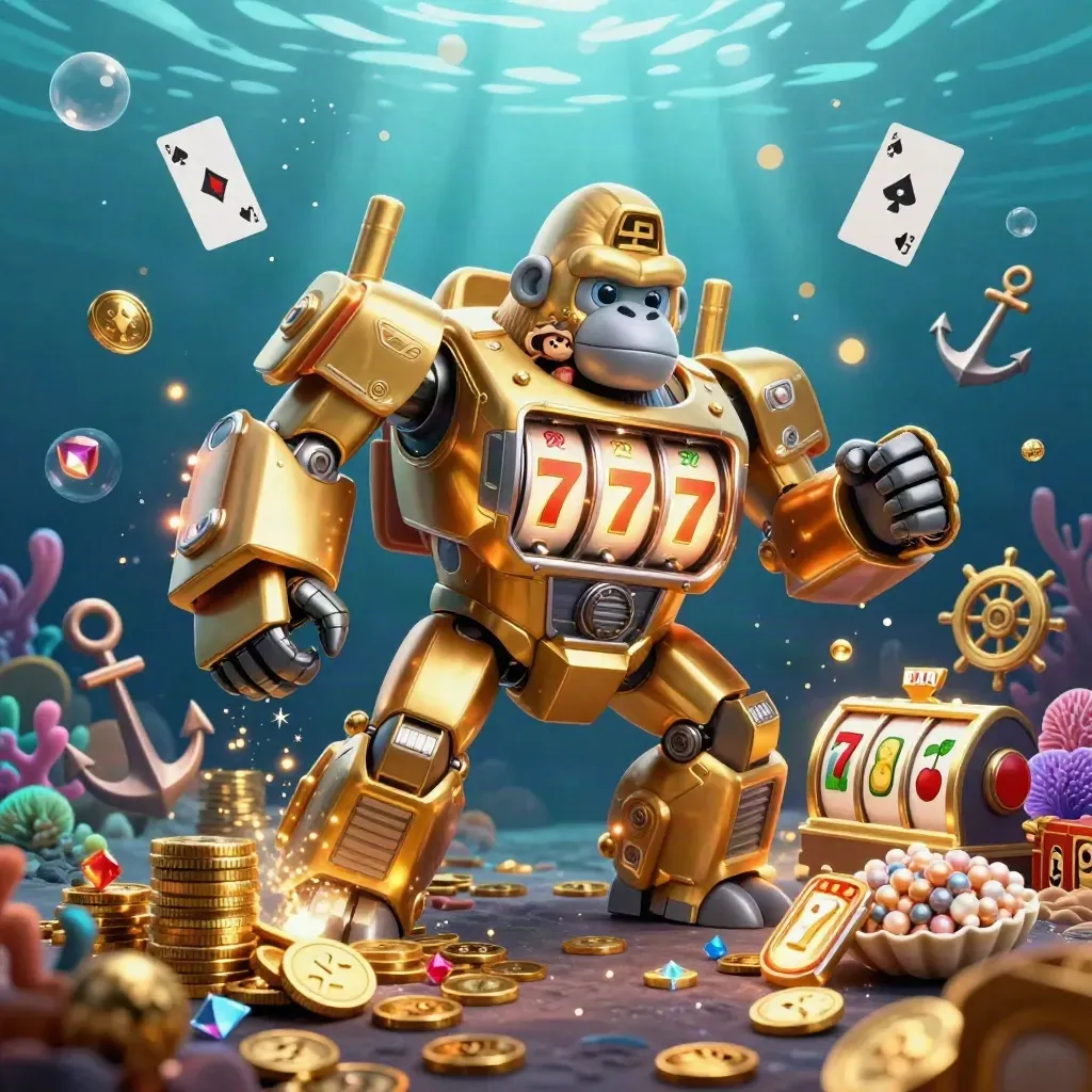 Golden gorilla slot mech with tiny pilot bursting through treasure in an underwater cove
