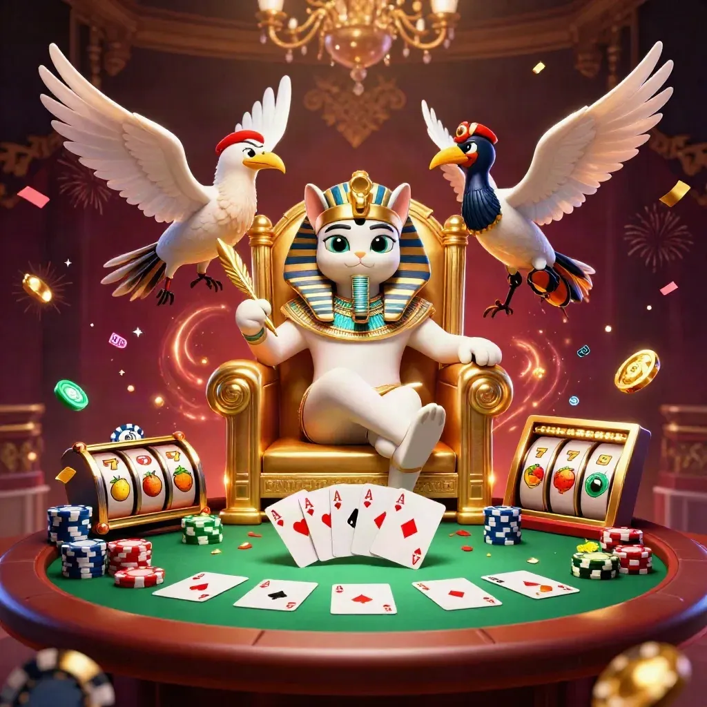 Pharaoh cat throne scene with ibis scribe, gem-wing scarabs, poker chips, cards, and neon casino magic.