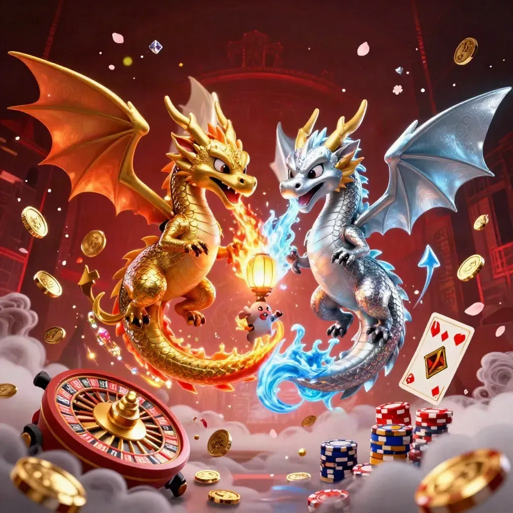 Twin gold and silver dragons swirl with coins, chips, cards, and a lantern spirit in a dark casino sky