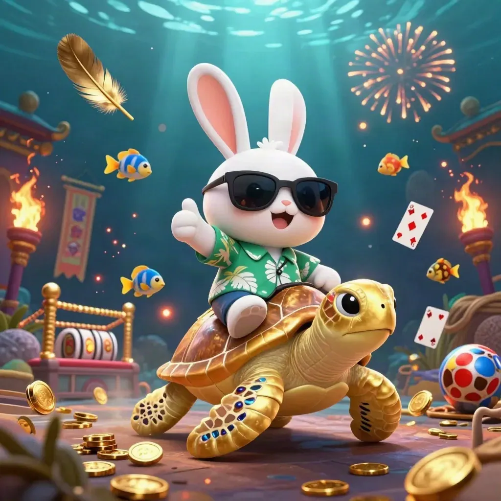 Lucky rabbit rides a gem-shell sea turtle amid coins, temple gate, cards, and fiery treasure.