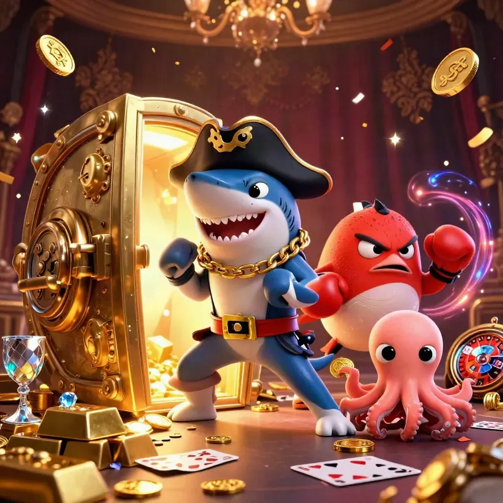 Shark pirate, pufferfish, and octopus amid vault gold and fireworks