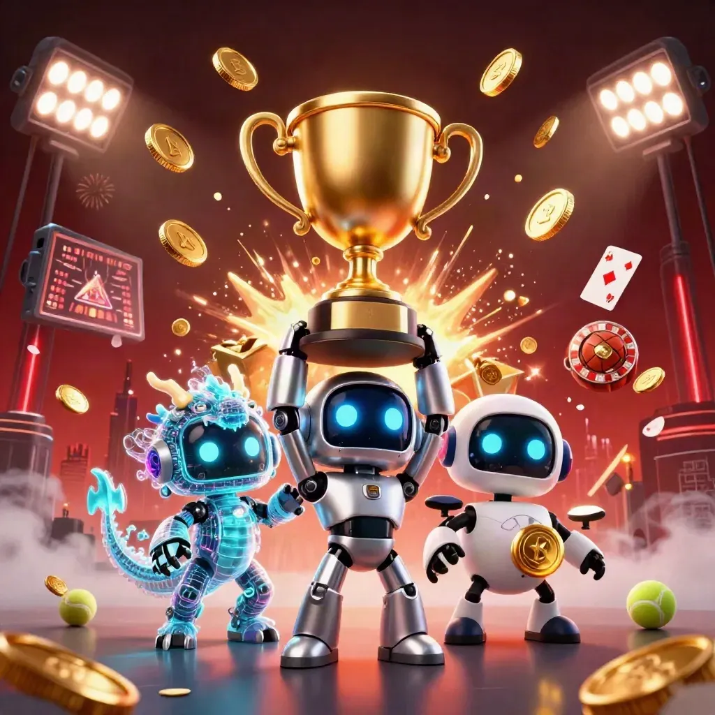 Cyberpunk robot, holographic dragon, and coin drone amid gold coins and fireworks.