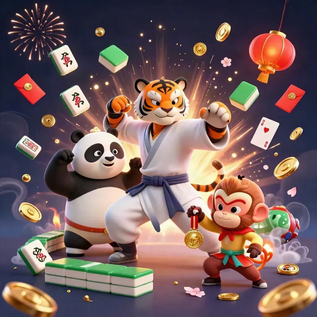 Kung-fu tiger, panda, and monkey amid coins, fireworks, lanterns, and a glowing treasure burst.