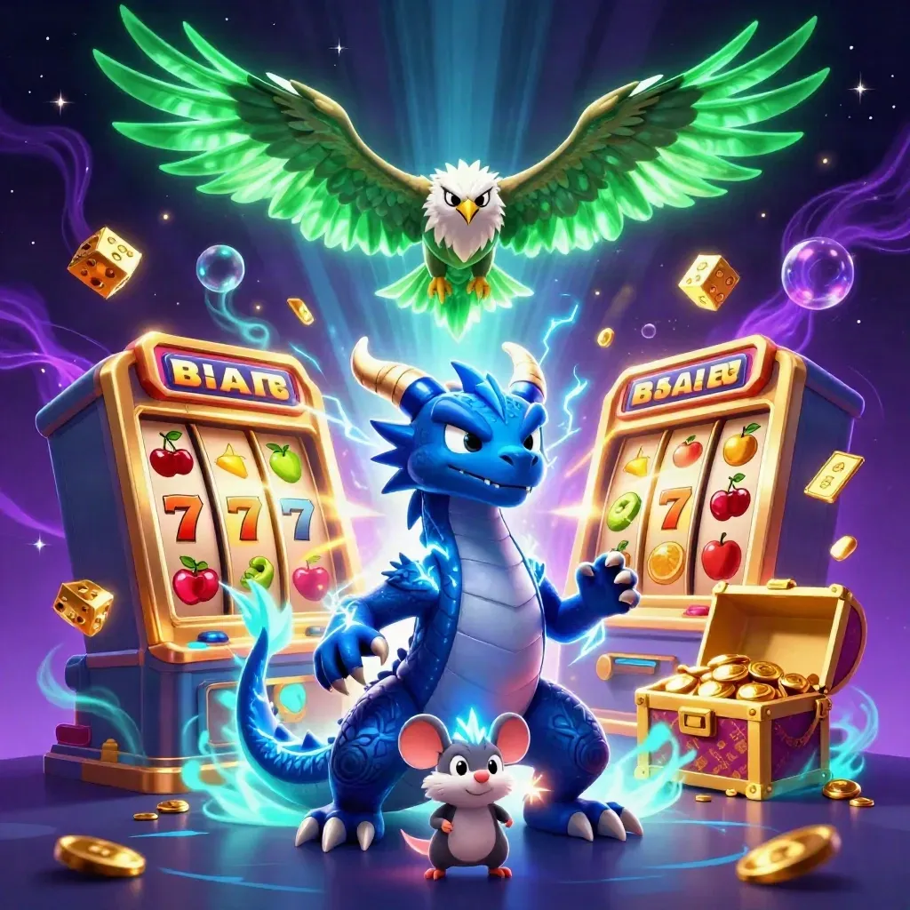 Thunder dragon, wind hawk, and spark mouse amid slot reels, gold, and lightning.