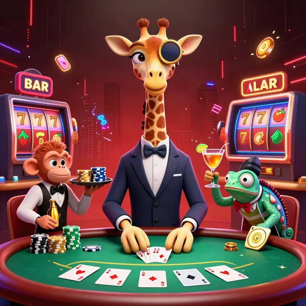 Giraffe high roller, monkey valet, and chameleon bartender amid casino chips and reels.