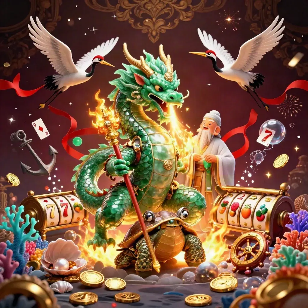 Jade dragon, turtle sage, and cranes amid treasure cove, reels, coins, and golden casino glow.
