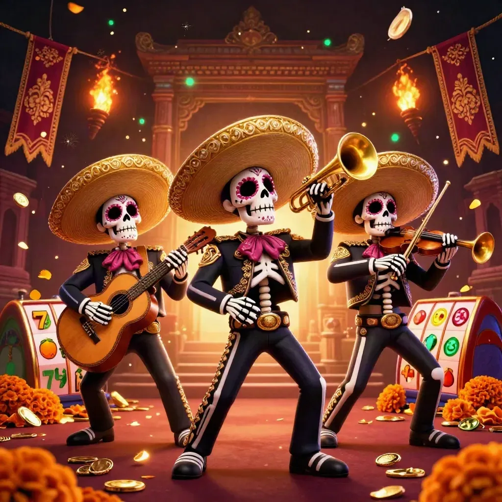 Three mariachi skeletons amid coins, reels, and temple glow in a gold-and-emerald casino scene.
