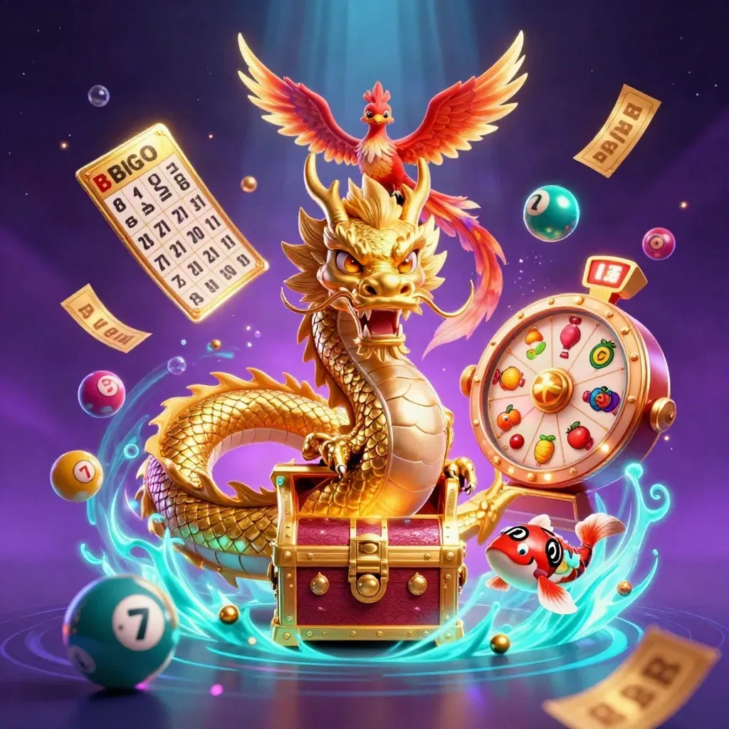 Golden dragon, phoenix, koi and casino symbols bursting in neon light on a dark purple sky