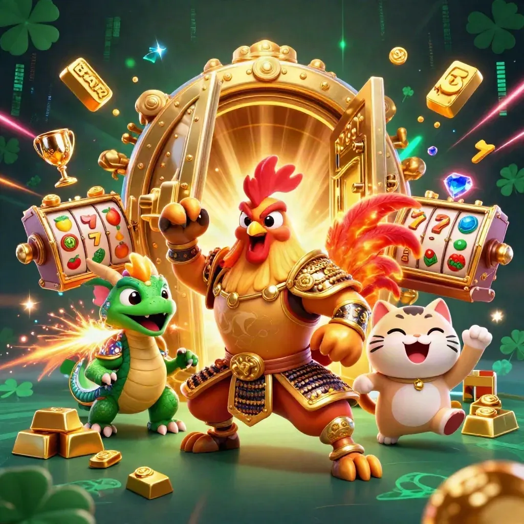 Samurai rooster, spark-breathing dragon hatchling, and lucky cat amid treasure and casino icons.