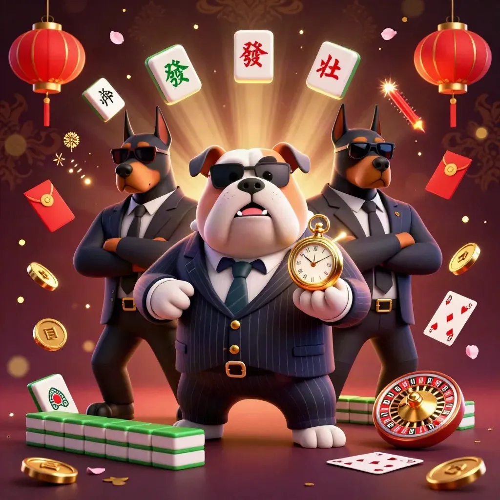 Bulldog mob boss with two Doberman guards amid casino and lucky charm bursts