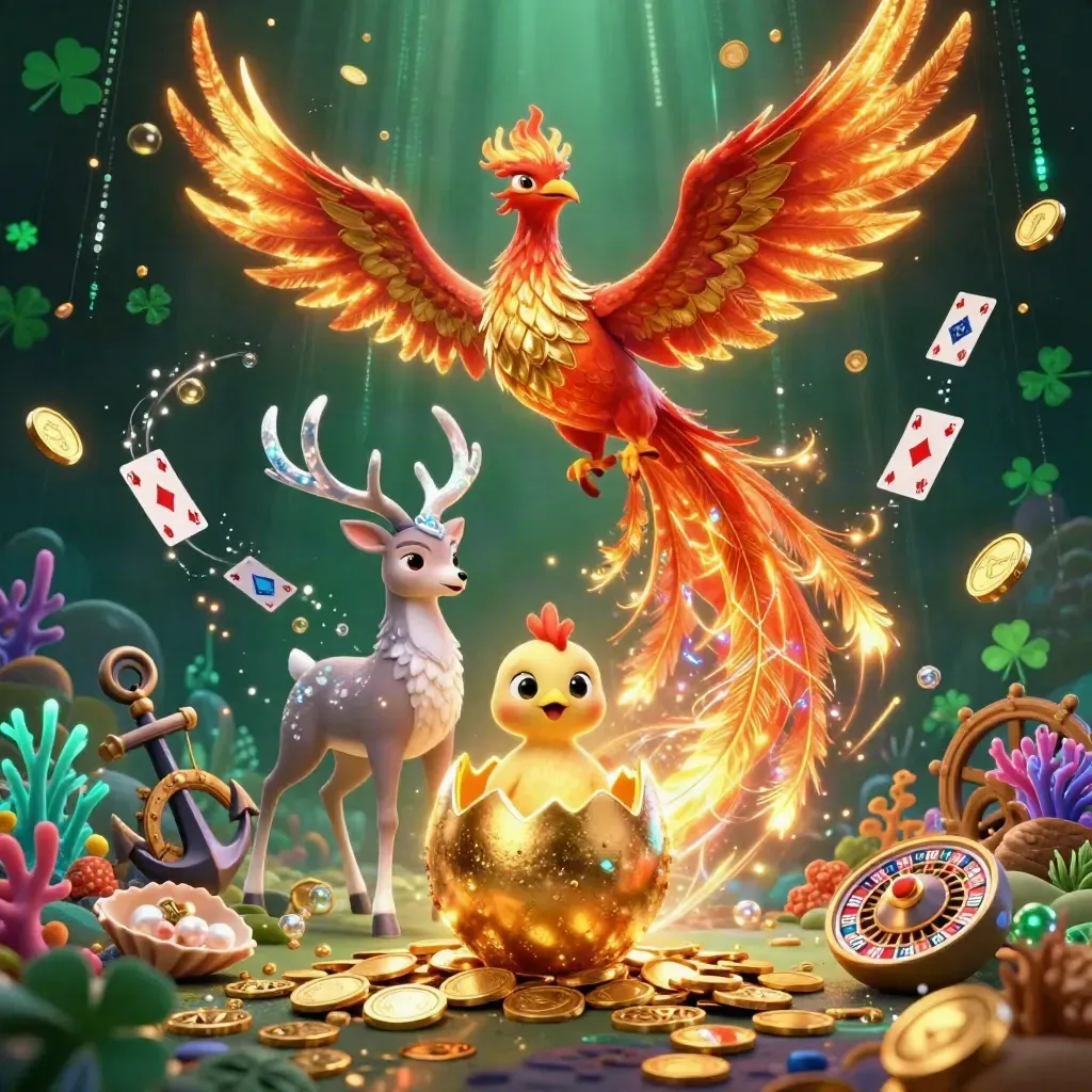 Fire phoenix, baby phoenix, and crystal antler stag amid gold coins and casino treasures.
