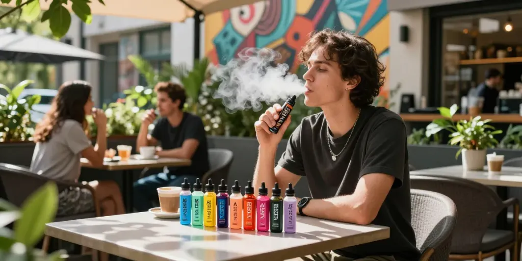 Enjoying Alt Zero E-Liquid in a vibrant urban café setting.