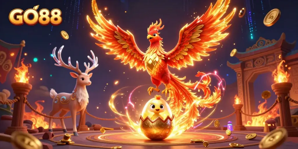 Explore exciting gameplay at GO88 with a vibrant phoenix and mystical stag amidst casino elements.