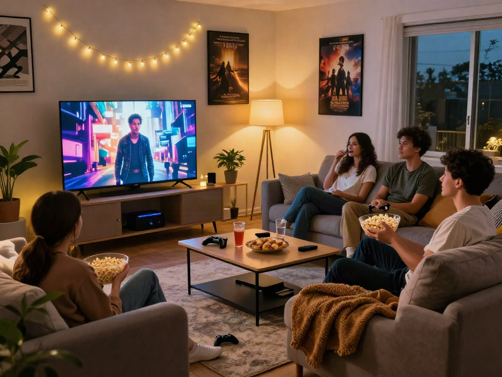 Friends enjoying a movie night with Moviebox on a stylish couch, cozy and inviting ambiance.