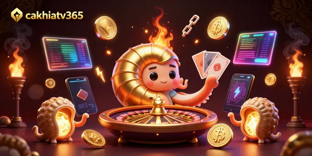 Engage in thrilling gameplay with cakhiatv365 featuring an ancient nautilus and glowing cryptocurrency elements.