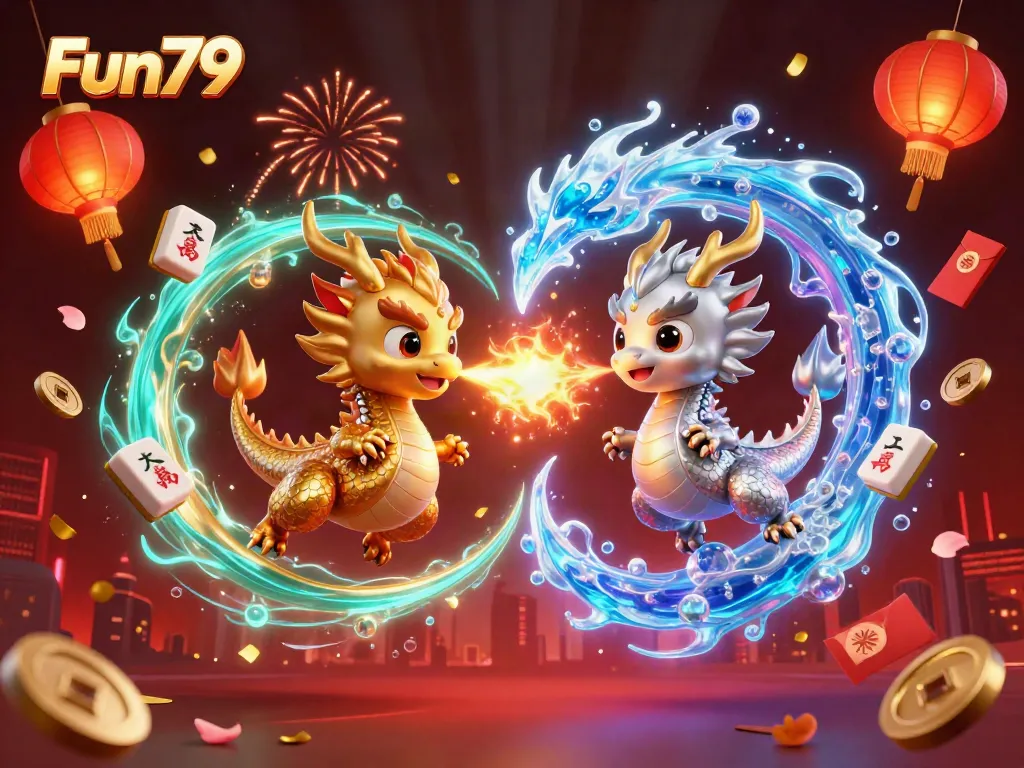 Experience the excitement of Fun79 with mesmerizing dragons and vibrant casino elements in this detailed illustration.