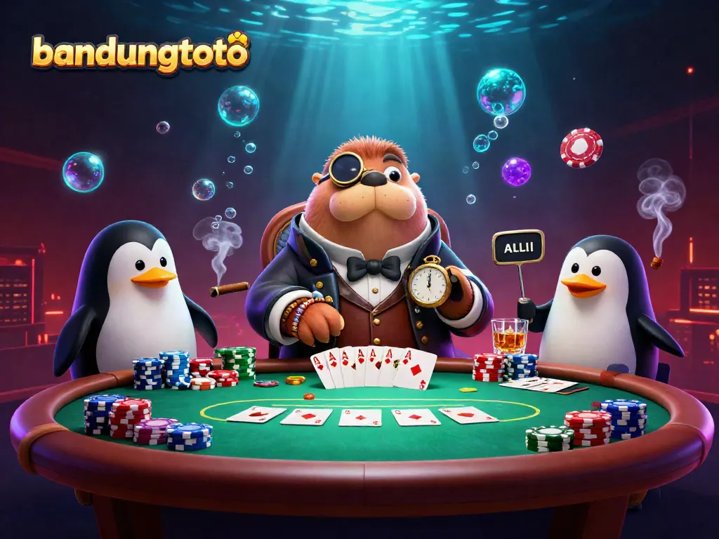 Join the whimsical underwater poker game with bandungtoto featuring a walrus, penguin dealer, and pufferfish.