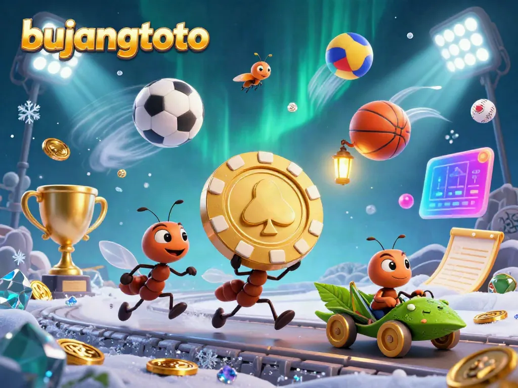 Bujangtoto-themed illustration showing a team of ants carrying a giant poker chip in a casino-like setting with vibrant sports elements.
