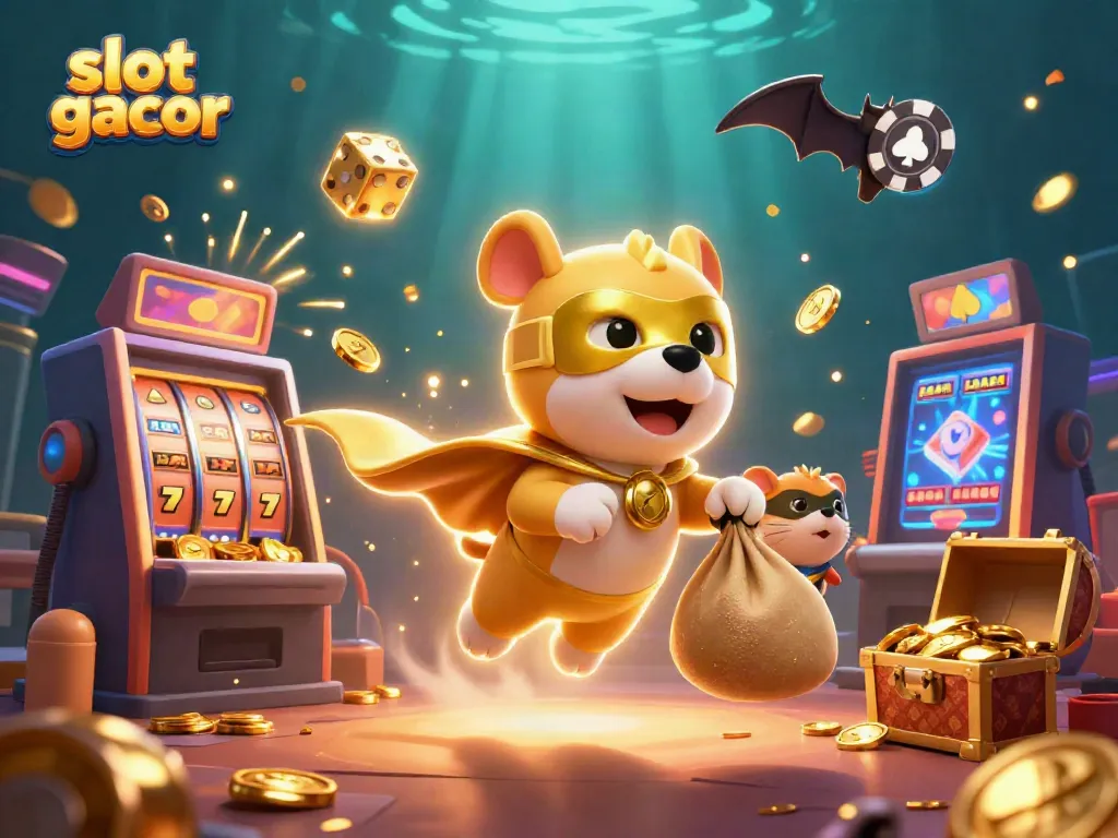 Experience thrilling wins with slot gacor through a dynamic casino adventure scene featuring a superhero dog.