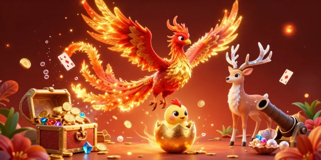 Experience excitement with fv88's vibrant 3D illustration showcasing a phoenix, treasures, and playful casino elements.