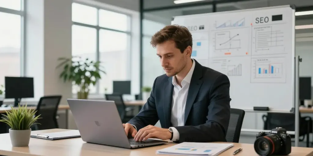 Anatoly offers high quality backlinks for SEO at a modern office workspace, showcasing professional analytics.