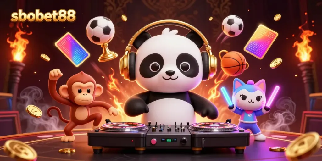 Engage in thrilling sports betting action with sbobet88's animated 3D scene featuring vibrant characters.