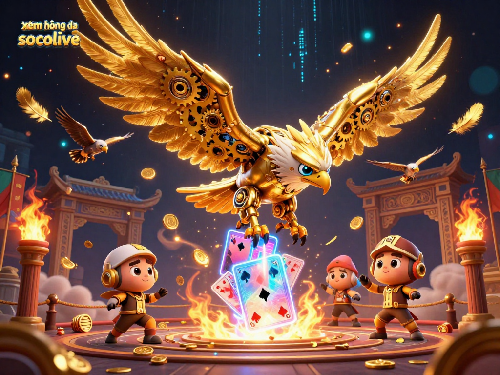 Experience xem bóng đá socolive through a dynamic 3D illustration of a cybernetic eagle amidst holographic cards and vibrant casino elements.